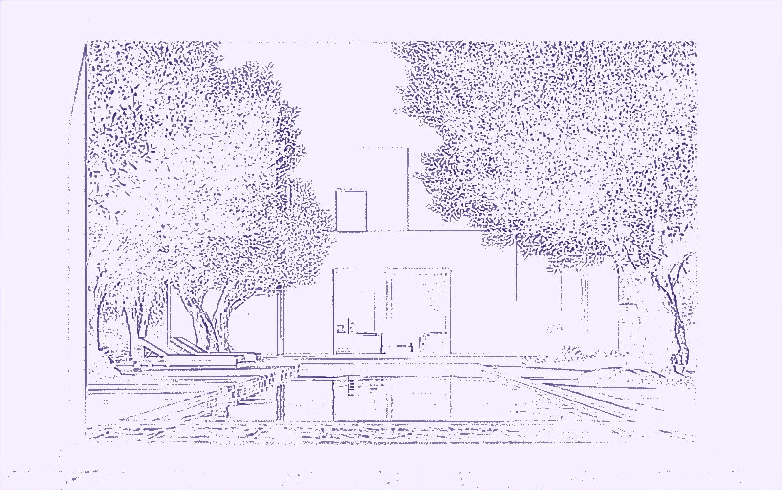 Wireframe sketch of the villa scene