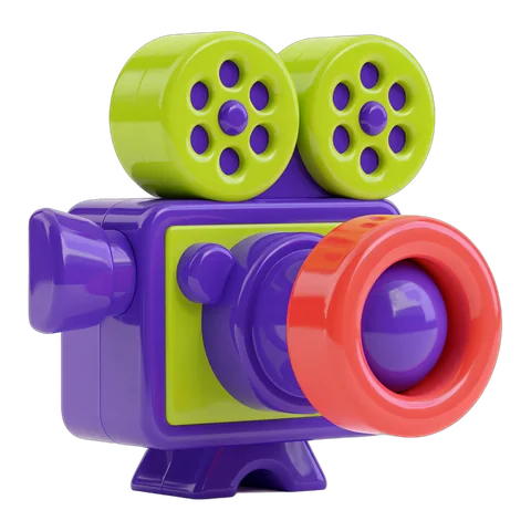 A violet movie camera with lime film reels
